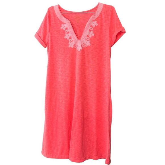 Lilly Pulitzer Maisy Neon Pink Embroidered Slub Jersey T-Shirt Swing Dress Sz M - Picture 1 of 6